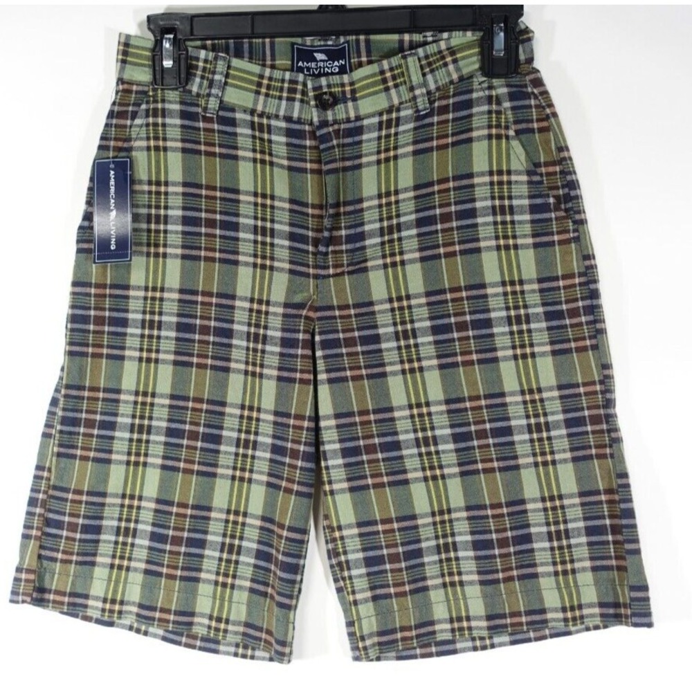 American Living Casual Shorts Boys 12 Flat Front Pockets Green Plaid Cotton